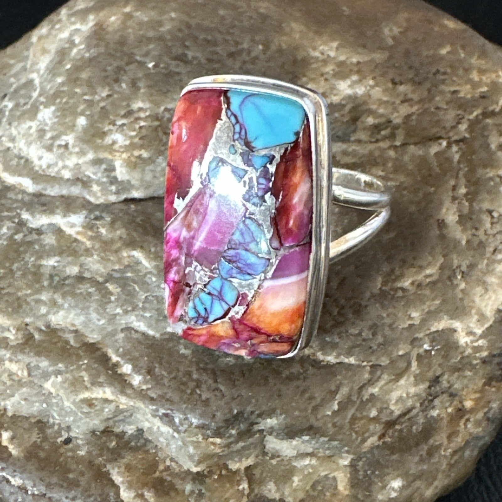 Blue Turquoise Spiny Oyster Southwestern Sterling Silver Ring Size 9 19060