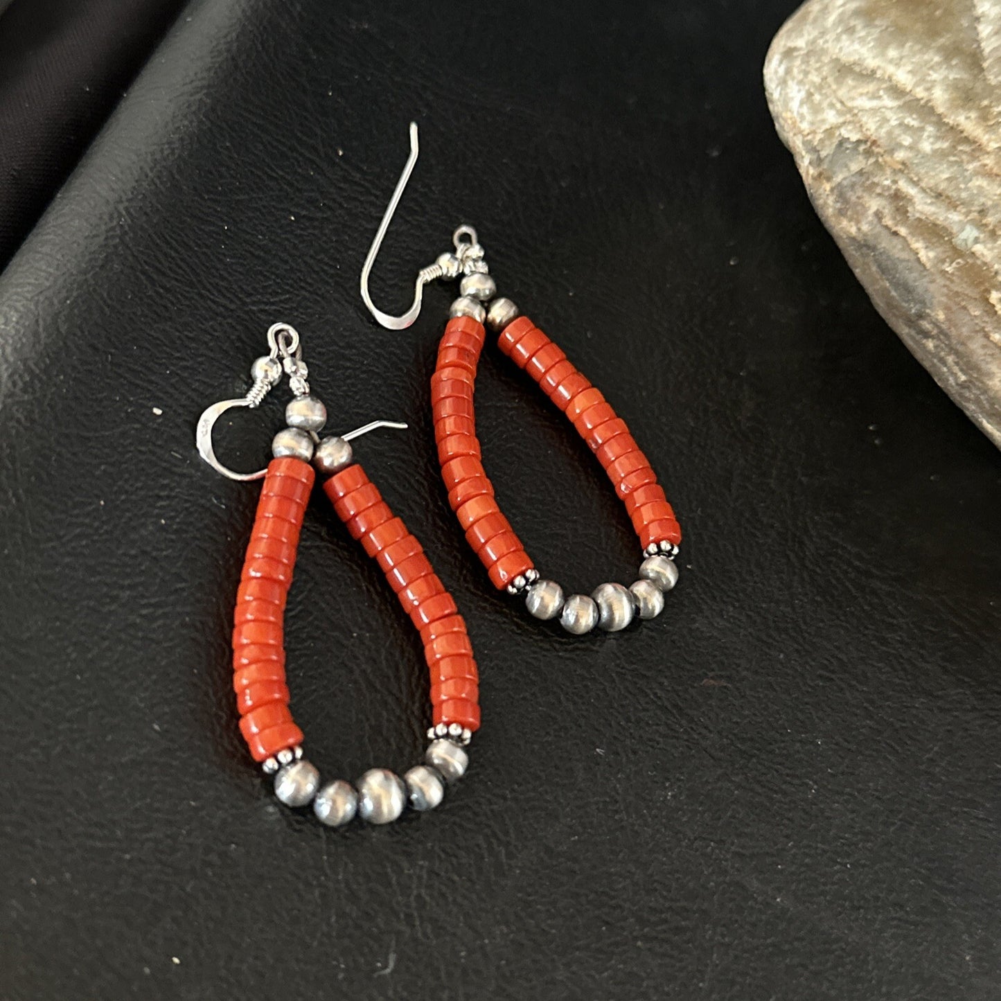 Native American Red Coral Bead Earrings Navajo Sterling Silver 14383
