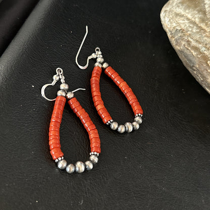 Native American Red Coral Bead Earrings Navajo Sterling Silver 14383