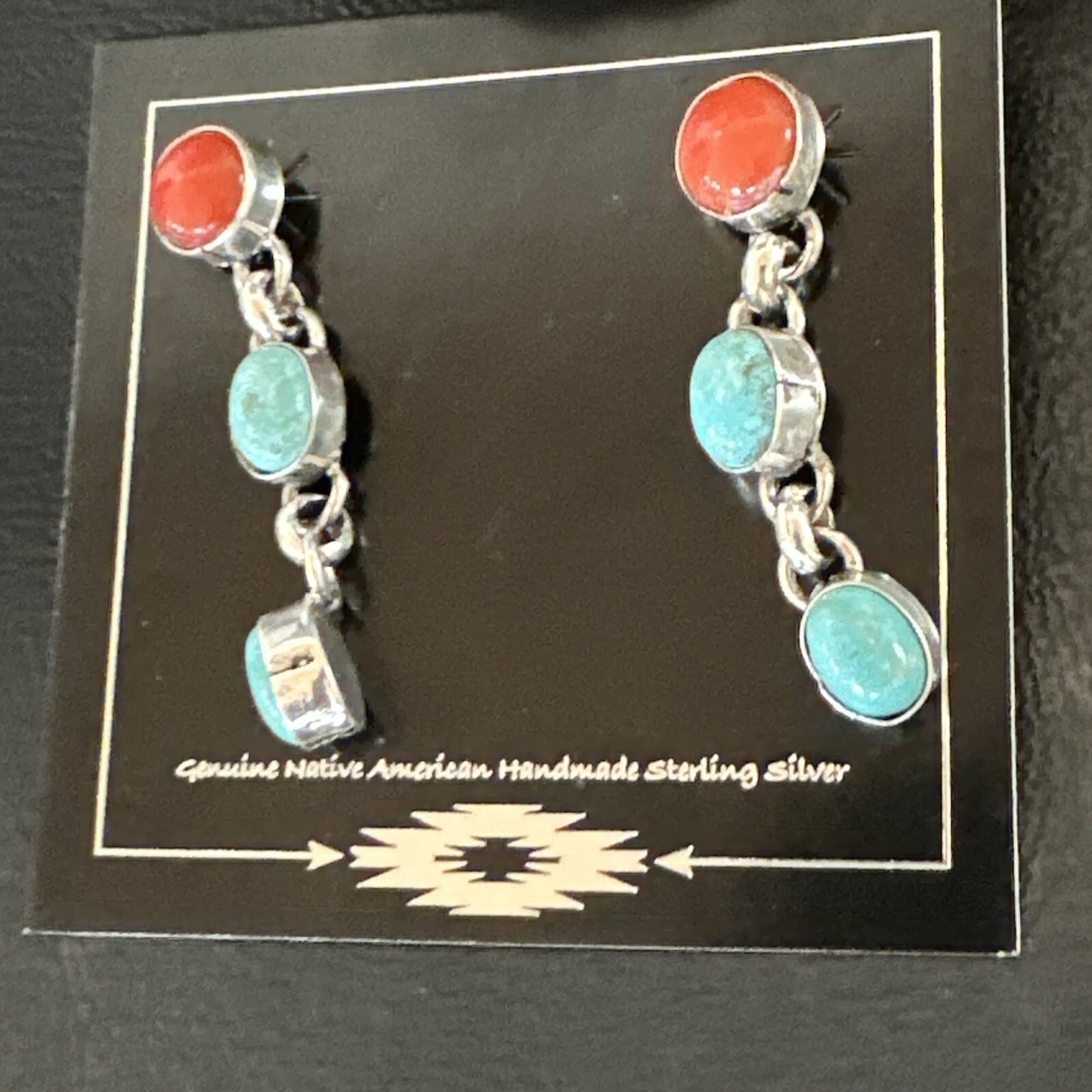 Blue Turquoise Red Spiny MultiColor Navajo Sterling Silver Inlay Earrings 18355