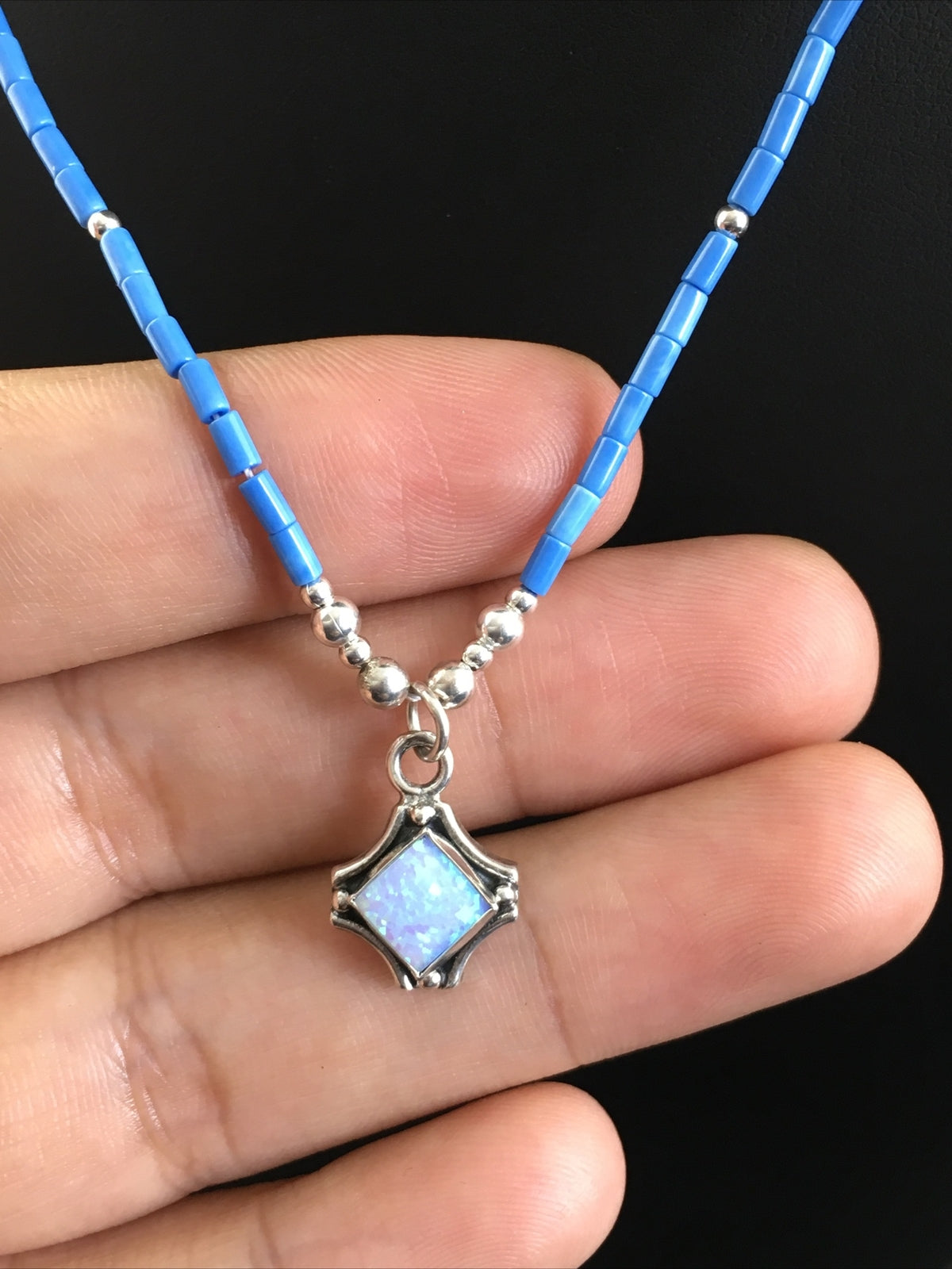 Girls Opal Pendant Lapis Beads Sterling Silver Necklace 15" 10124