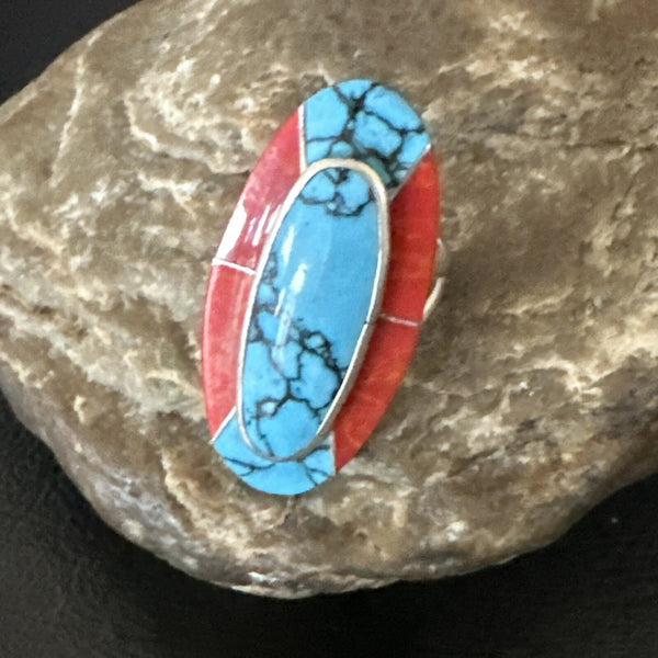 Blue Turquoise Coral Navajo Ring Size 8 | Sterling Silver | Authentic Native American Handmade | 18764