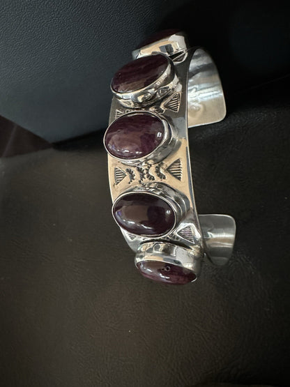 Purple Spiny Oyster Row 5 Stone Sterling Silver Navajo Cuff Bracelet 19473