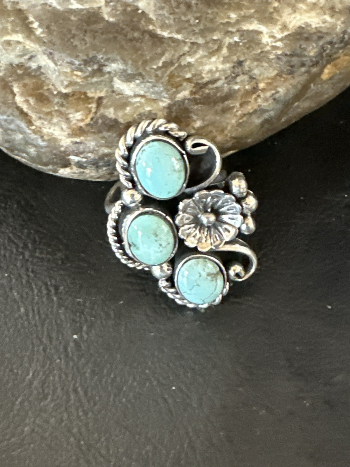 Yazzie Ring Blue Turquoise Navajo Sterling Silver Cluster Size 8.5 19226