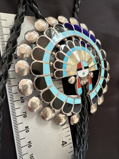 Mens Bolo Tie Zuni Sunface Kingman Turquoise Onyx Inlay Sterling Silver 18142