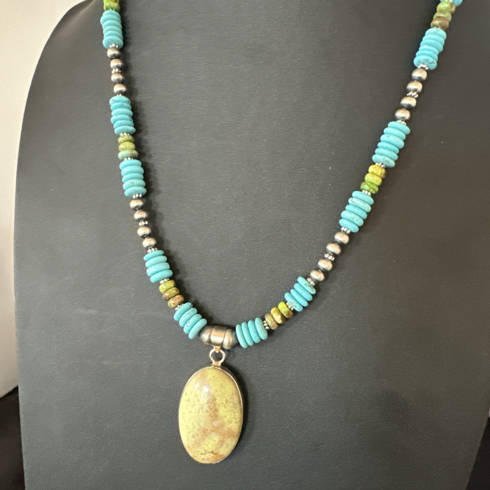 Green Gaspeite Pendant Blue Turquoise Navajo Sterling Silver Necklace 20" 19670