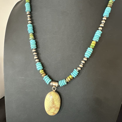 Green Gaspeite Pendant Blue Turquoise Navajo Sterling Silver Necklace 20" 19670
