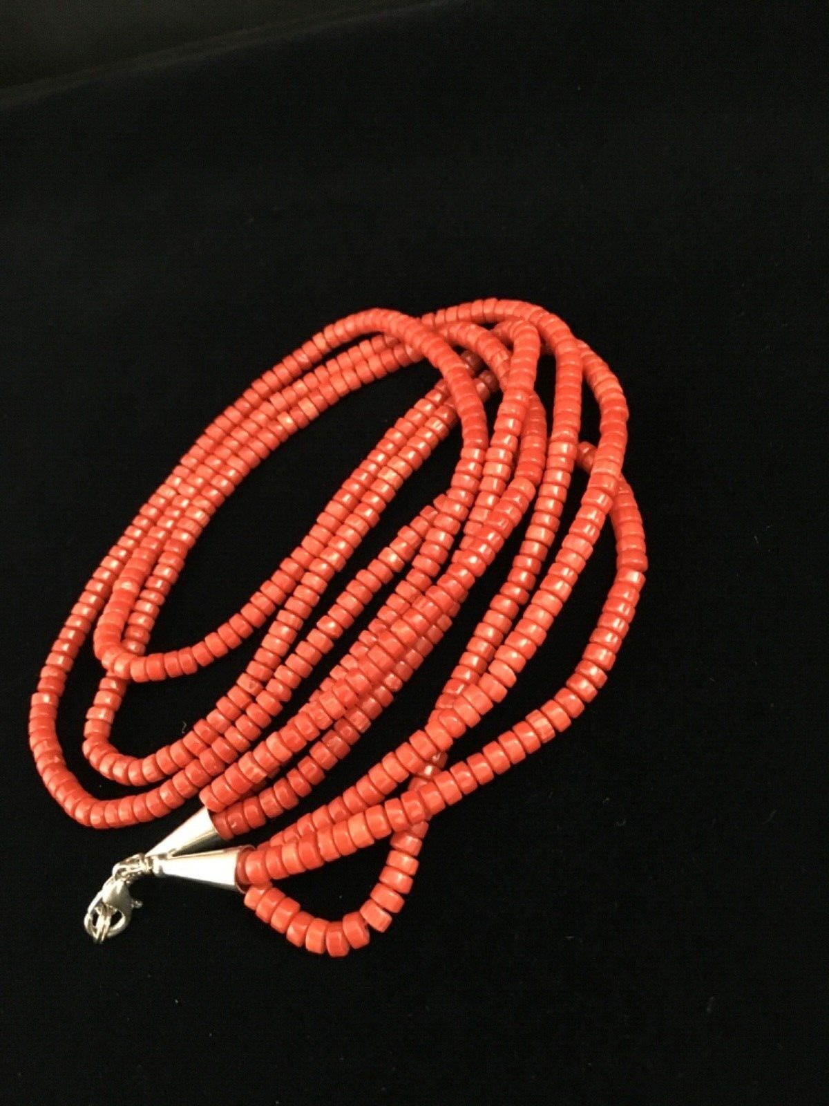 Red Coral Stabilized 3 Strands Navajo Sterling Silver Heishi Necklace 01778