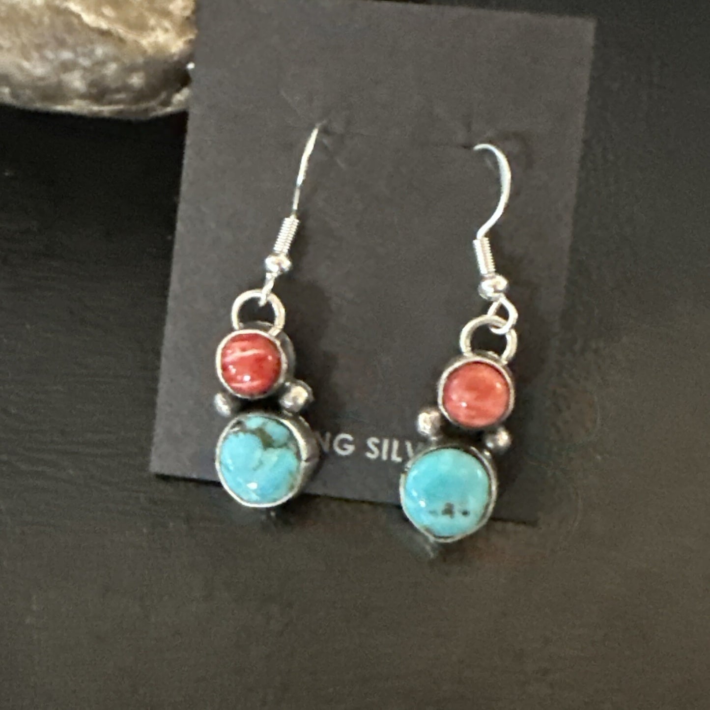 Handmade Blue Turquoise Red Coral Sterling Silver Navajo Dangle Earrings 18845