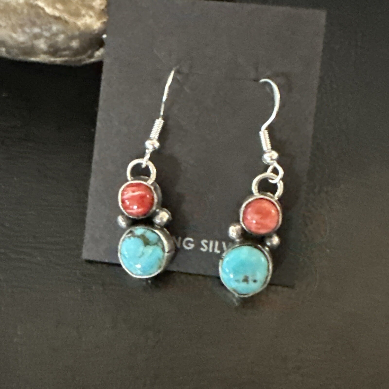Handmade Blue Turquoise Red Coral Sterling Silver Navajo Dangle Earrings 18845