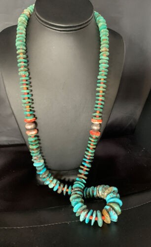 Navajo Graduated Blue Green Turquoise Spiny Necklace Sterling 33" 13569