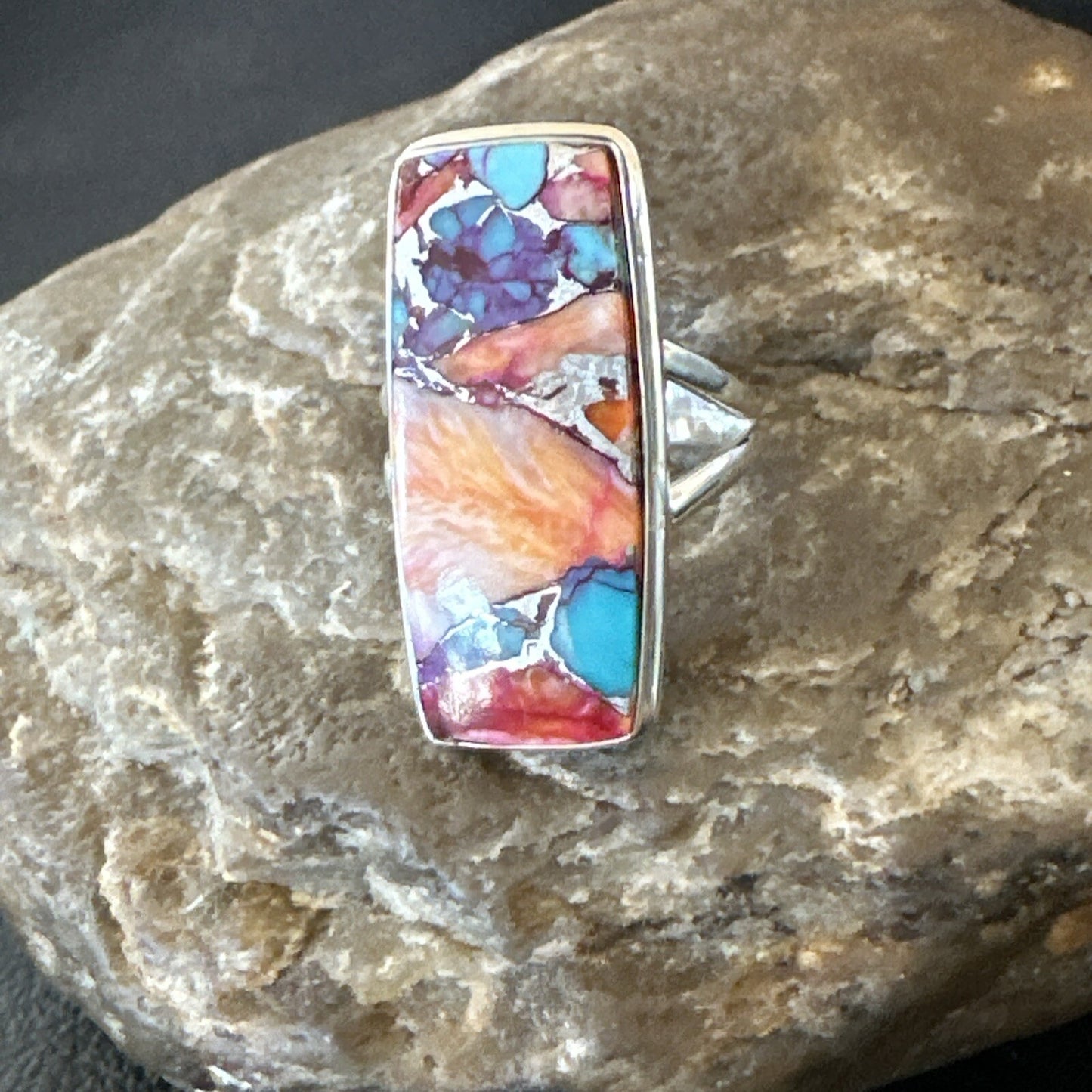 Blue Turquoise Spiny Oyster Southwestern Sterling Silver Ring Size 7 18489