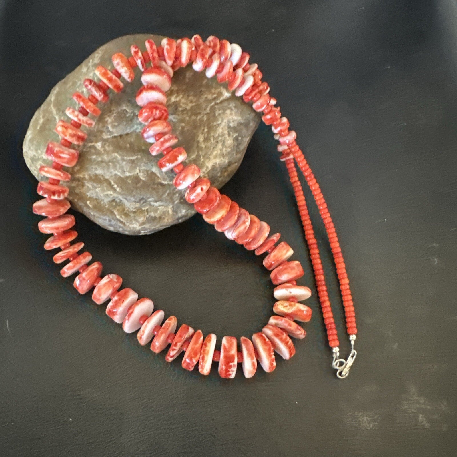 Red Spiny Oyster 28” Long Navajo Sterling Silver Necklace 17761