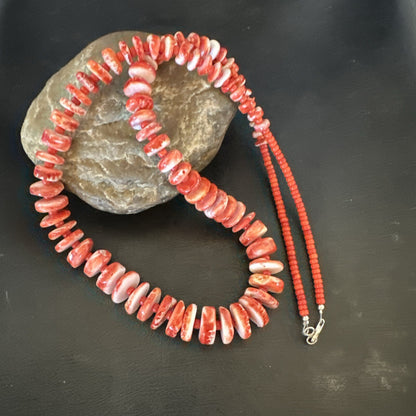 Red Spiny Oyster 28” Long Navajo Sterling Silver Necklace 17761