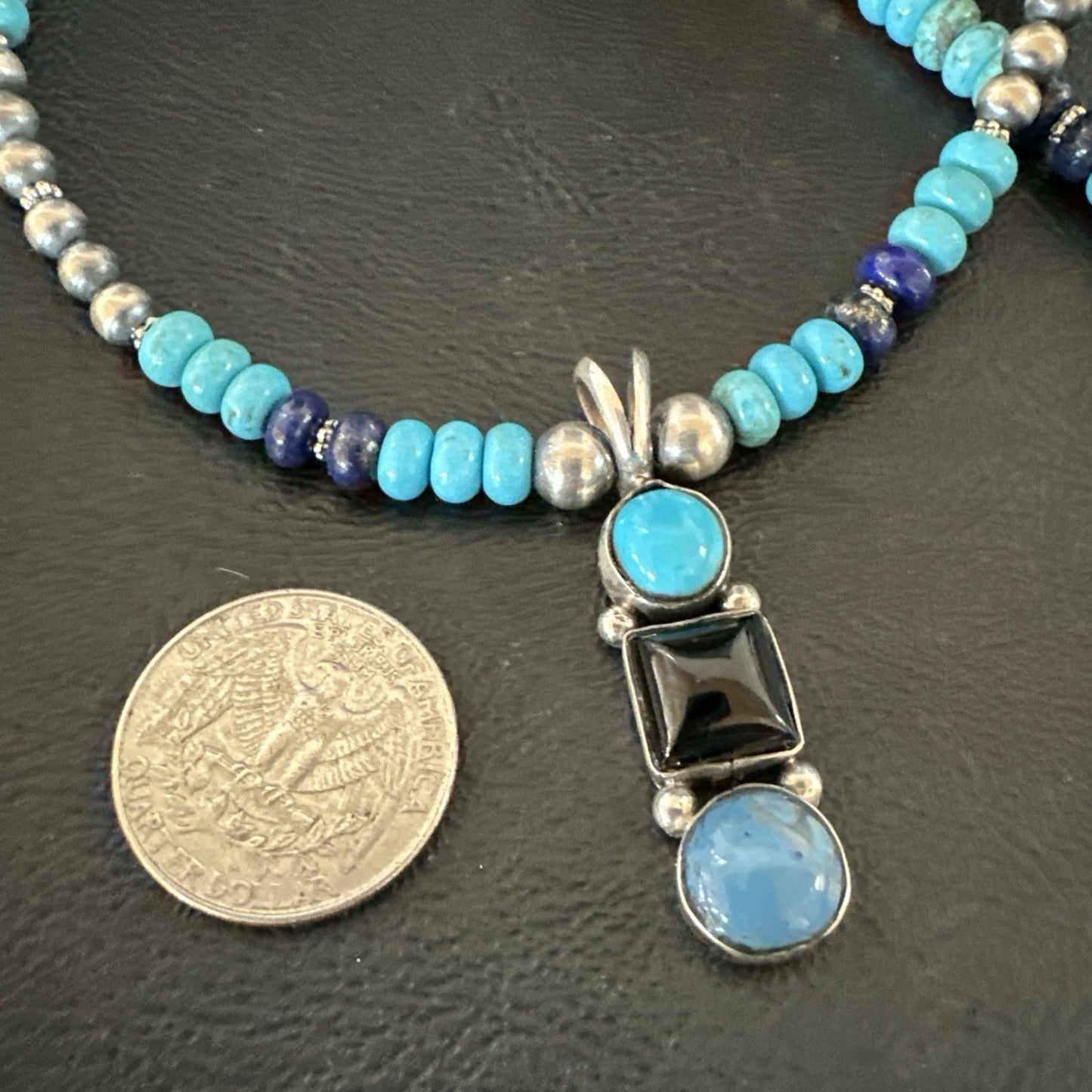 Blue Turquoise Lapis Onyx Pendant Navajo Sterling Silver Necklace 19550