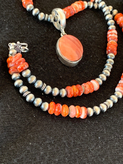Native Men’s Red Spiny Oyster Pendant Navajo Sterling Silver Necklace 08820