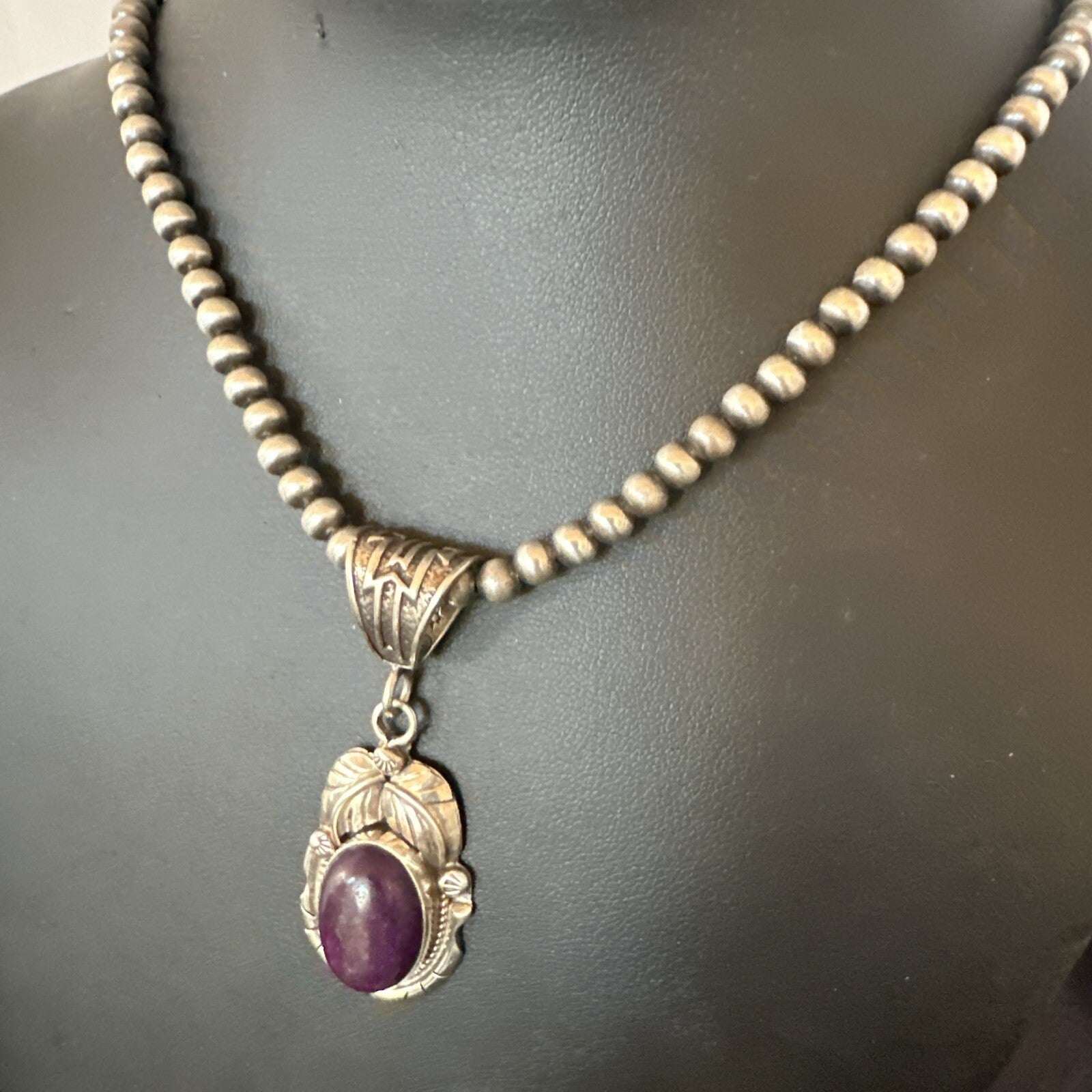 Purple Stone Pendant Navajo Pearls Sterling Silver Necklace 20” 18403