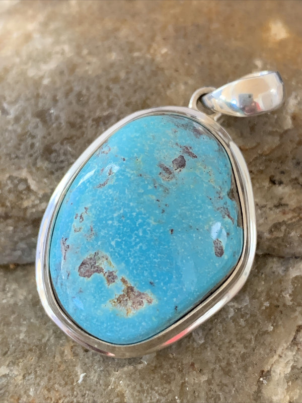Blue Bisbee Turquoise Navajo Pendant 1.5"1624N | Sterling Silver | Authentic Native American Handmade