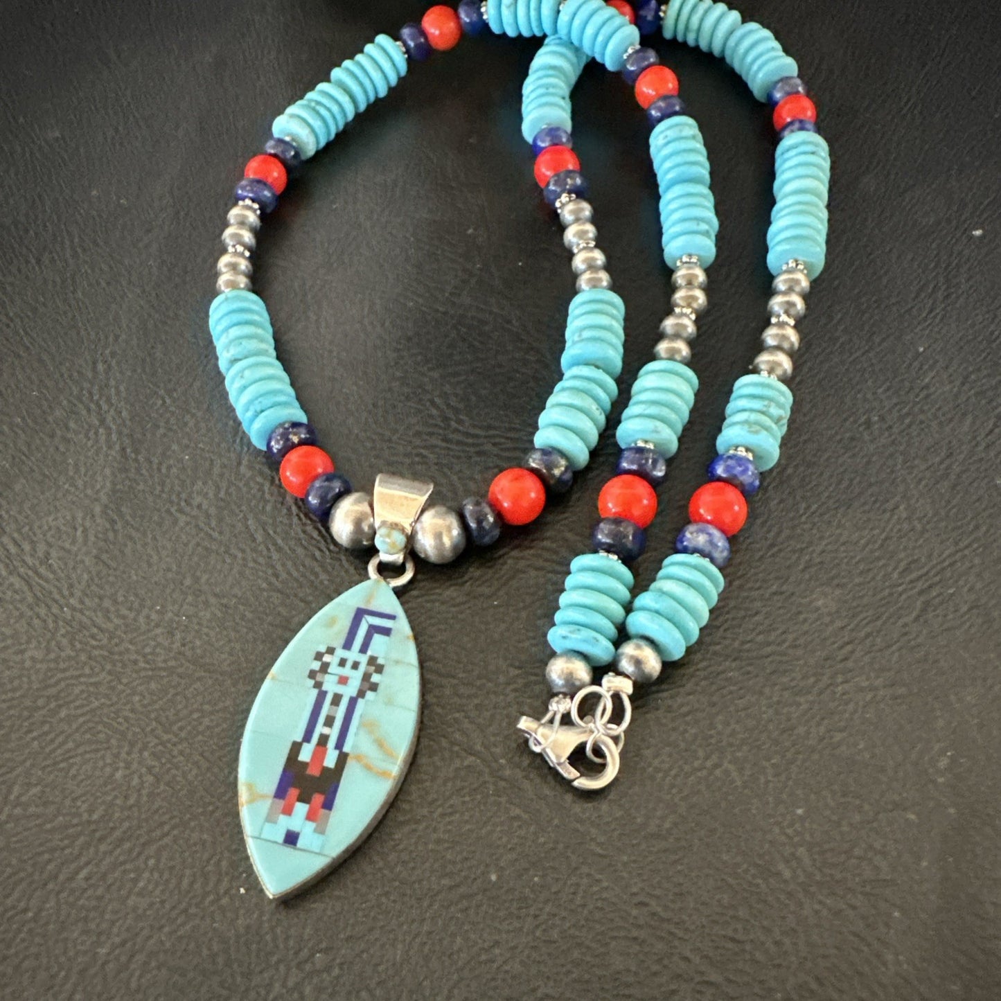 Multicolor Turquoise Coral Navajo Sterling Silver Inlay Pendant Necklace 19645