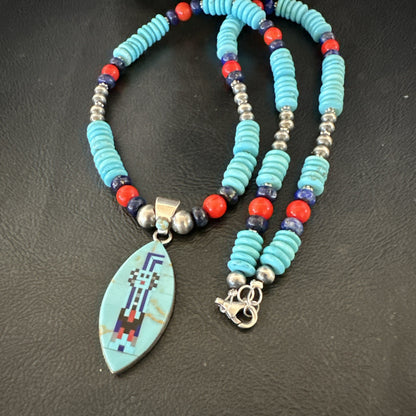 Multicolor Turquoise Coral Navajo Sterling Silver Inlay Pendant Necklace 19645