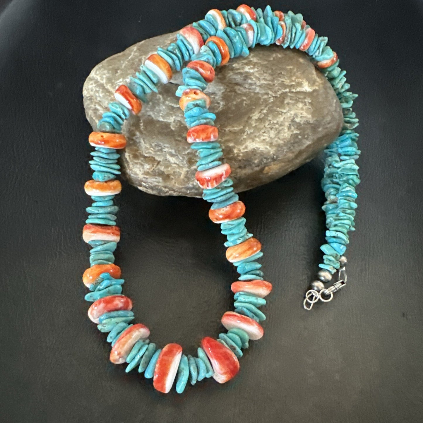 Red Spiny Oyster Blue Turquoise Navajo Sterling Silver Necklace 23" 18267