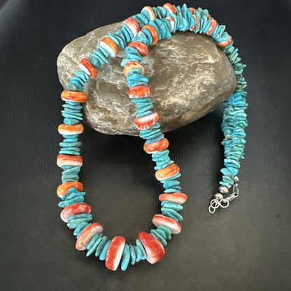 Red Spiny Oyster Blue Turquoise Navajo Sterling Silver Necklace 23" 18267