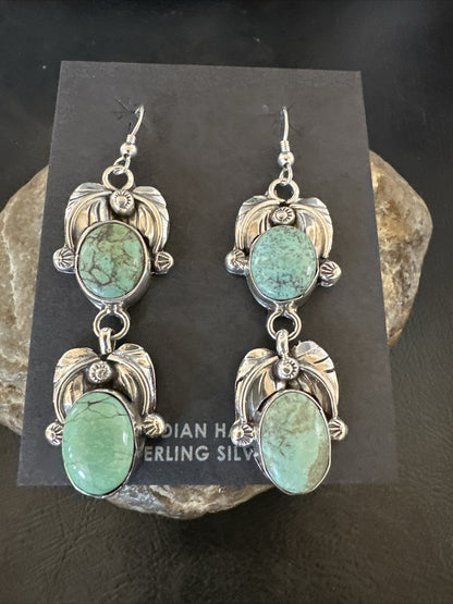 Native Navajo Green Turquoise Sterling Silver Dangle Earrings 2” 17910