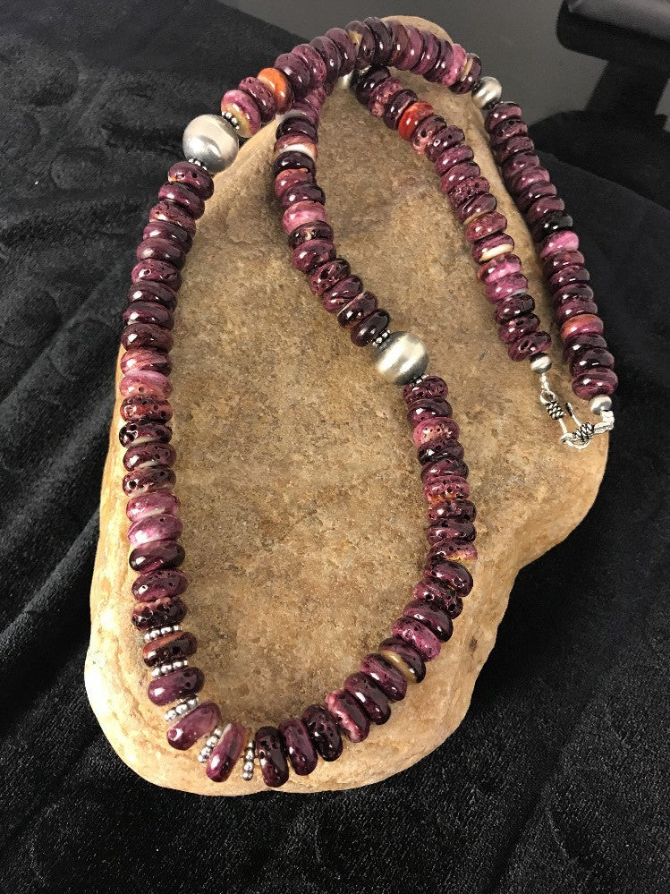 Purple Spiny Oyster 10 mm Bead Navajo Sterling Silver Beads Necklace 00409