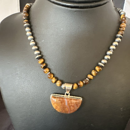 Coffee Tigers Eye Jasper Sterling Silver Pendant Necklace Southwestern 18290