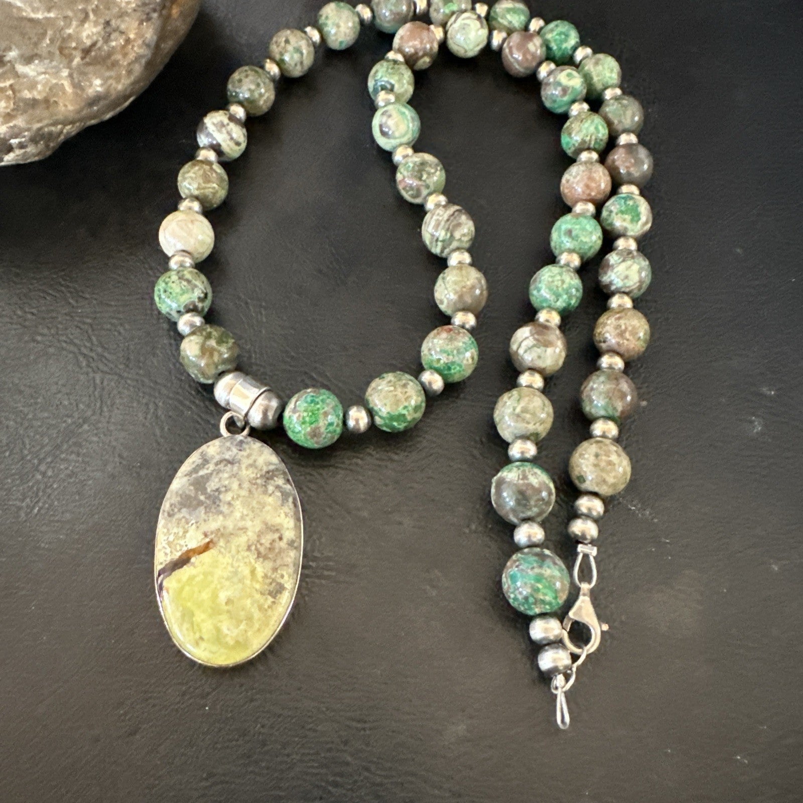 Green Gaspeite Pendant 10mm Turquoise Navajo Sterling Silver Necklace 20" 19679
