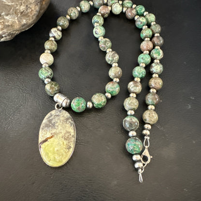 Green Gaspeite Pendant 10mm Turquoise Navajo Sterling Silver Necklace 20" 19679
