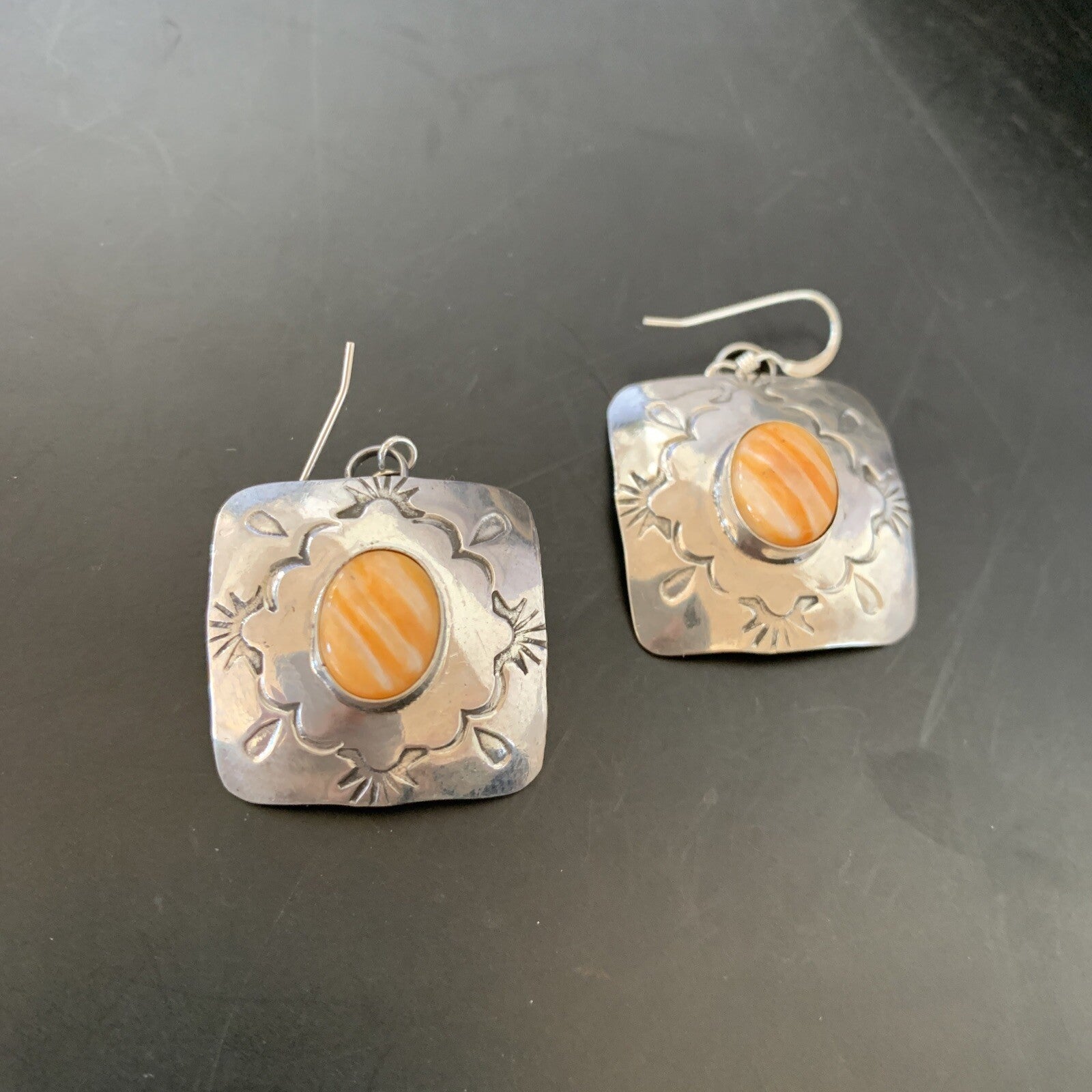 Gold Orange Spiny Oyster Navajo Sterling Silver Earrings 02076