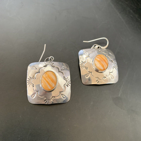 Gold Orange Spiny Oyster Navajo Earrings | Sterling Silver | Authentic Native American Handmade | 02076