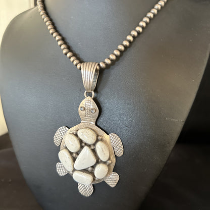 CLUSTER Turtle Navajo White Buffalo Turquoise Sterling Silver Pendant 14528