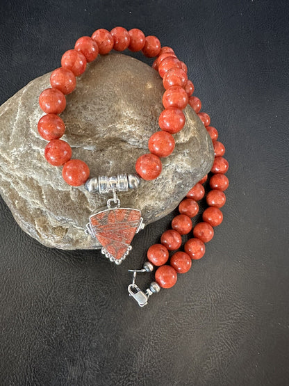 Navajo Apple Sponge Coral Sterling Silver Necklace Pendant 18328
