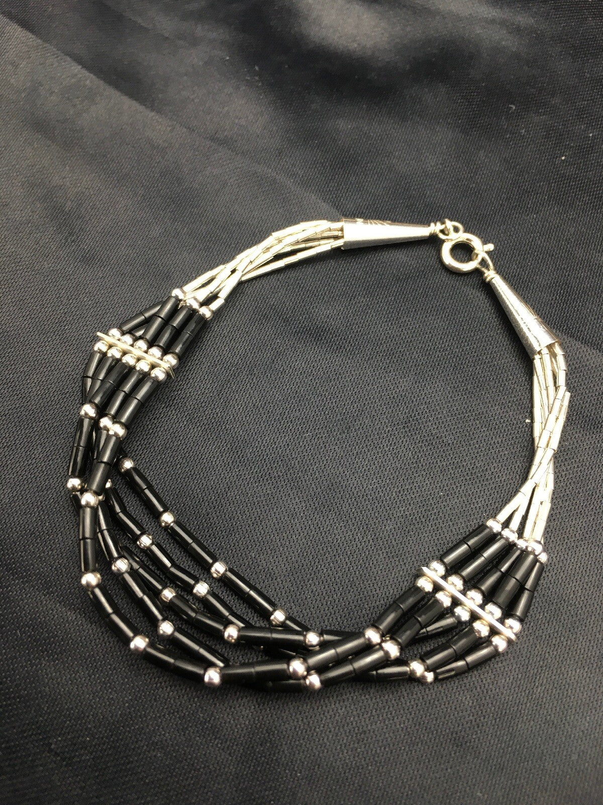 Black Onyx Heishi 5 Strand Southwestern Liquid Sterling Silver Bracelet 7" 02932
