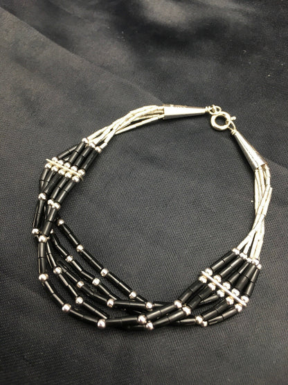 Black Onyx Heishi 5 Strand Southwestern Liquid Sterling Silver Bracelet 7" 02932