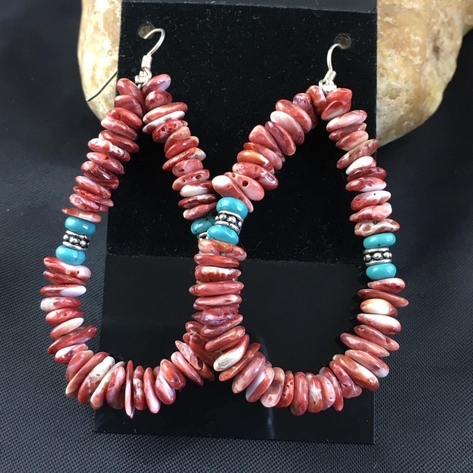 Turquoise & Spiny Oyster Navajo Sterling Silver Earrings 2.25" 01967