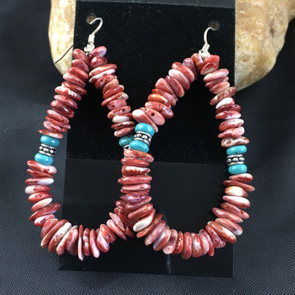 Turquoise & Spiny Oyster Navajo Sterling Silver Earrings 2.25" 01967