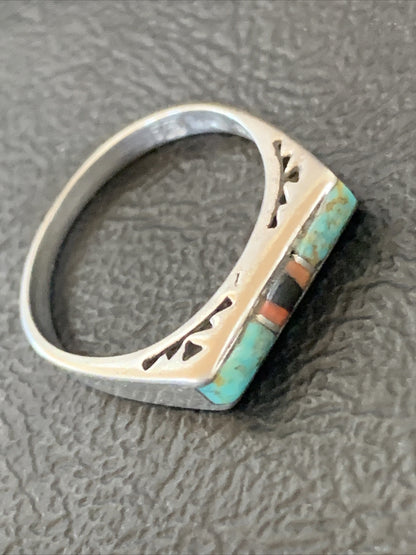 Turquoise & Onyx Navajo Sterling Silver Inlay Ring Size 6 11152