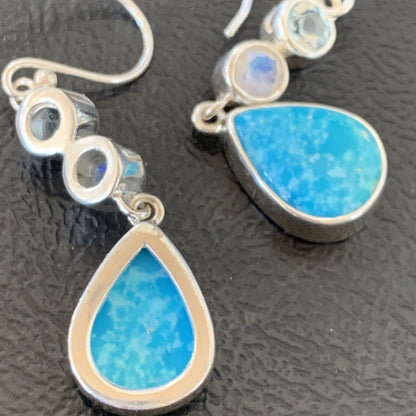 Blue Kingman Turquoise & Topaz Navajo Sterling Silver Dangle Earrings 11590