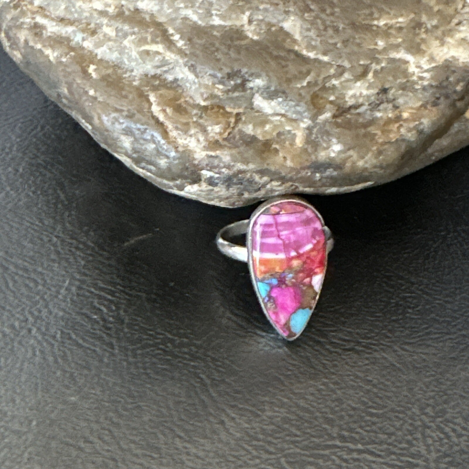 Blue Turquoise Spiny Oyster Southwestern Sterling Silver Ring Size 7 18425