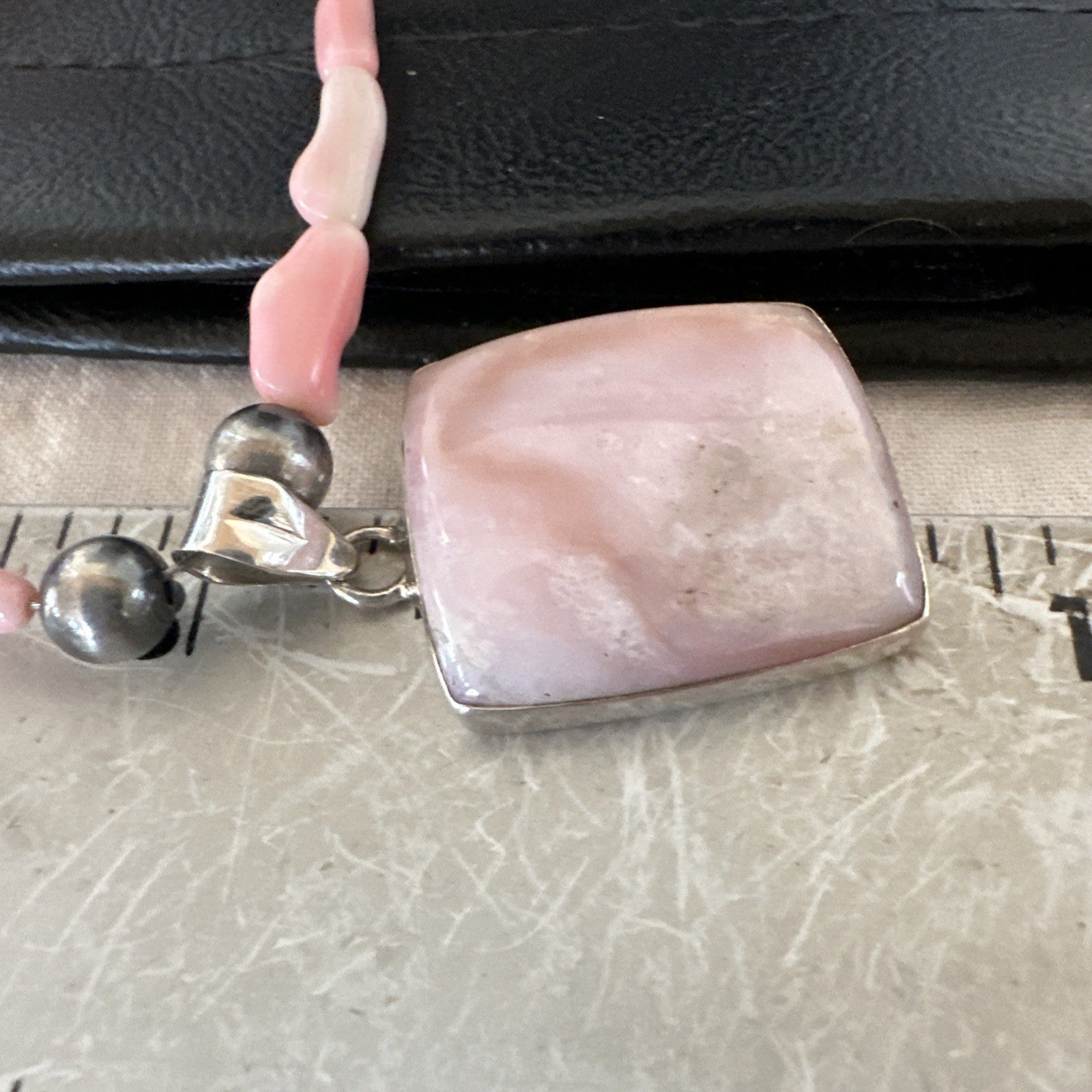 Southwestern Sterling Silver Pink Coral Bead Necklace Quartz Pendant 24" 19591