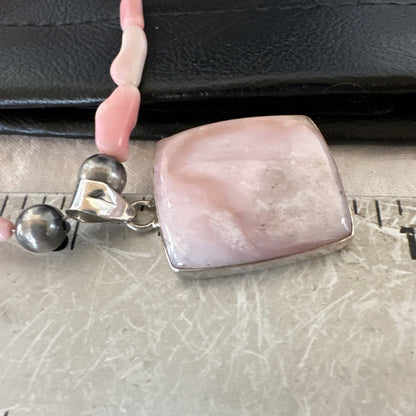 Southwestern Sterling Silver Pink Coral Bead Necklace Quartz Pendant 24" 19591