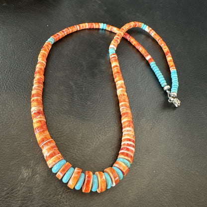 USA Spiny Oyster Turquoise Graduated Navajo Sterling Silver Necklace 18273