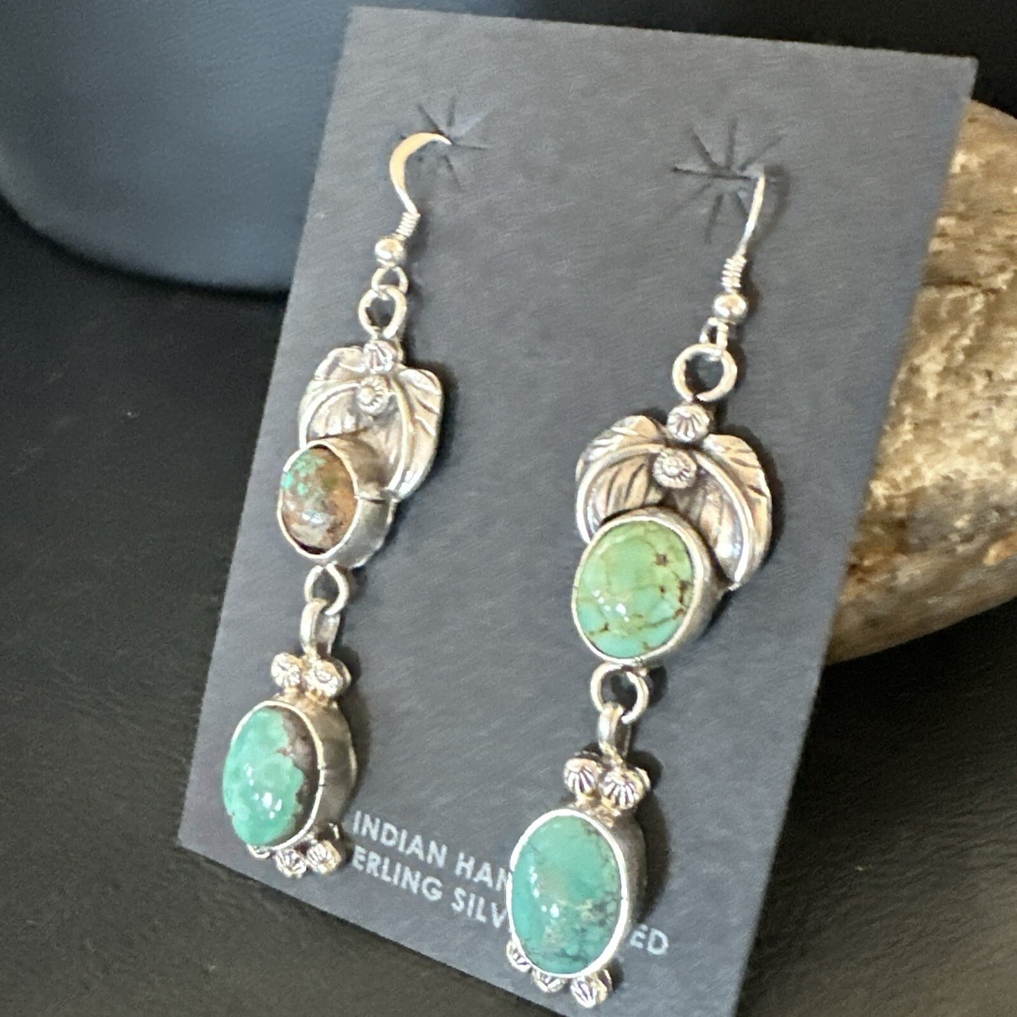 Navajo Green Turquoise Sterling Silver Dangle Earrings 2” 18043