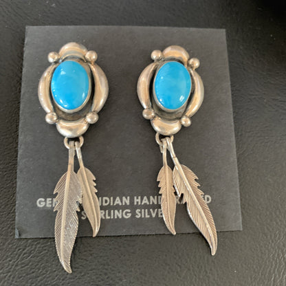 Native Womens Nugget Sterling Silver Blue Turquoise Dangle Earrings 2.5" 13018