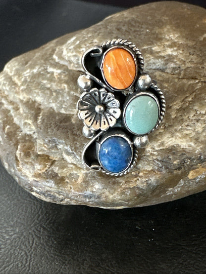 Multicolor Ring Turquoise Spiny Navajo Sterling Silver Cluster Size 8.5 19189