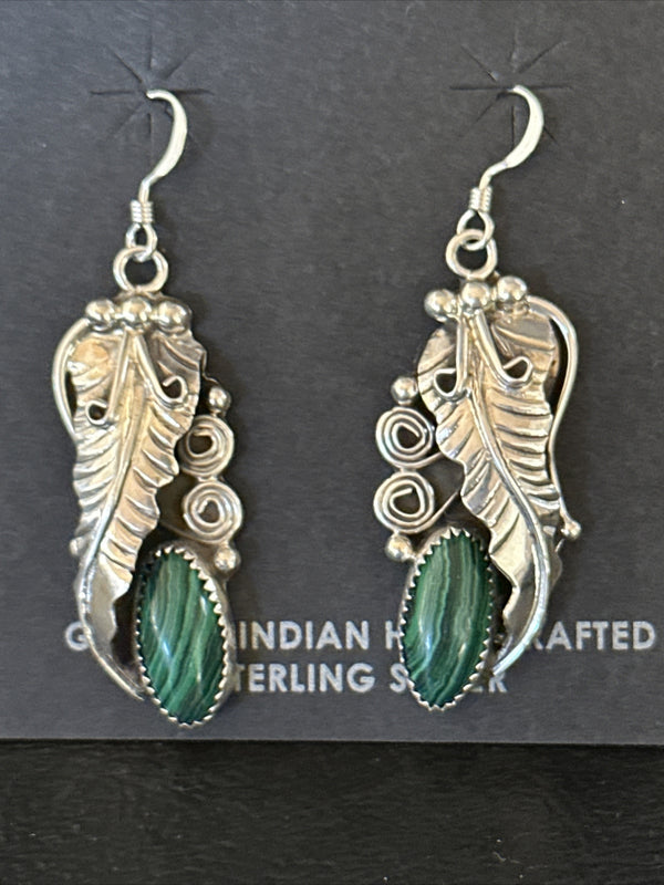 Green Malachite Navajo Dangle Earrings | Sterling Silver | Authentic Native American Handmade | 14761