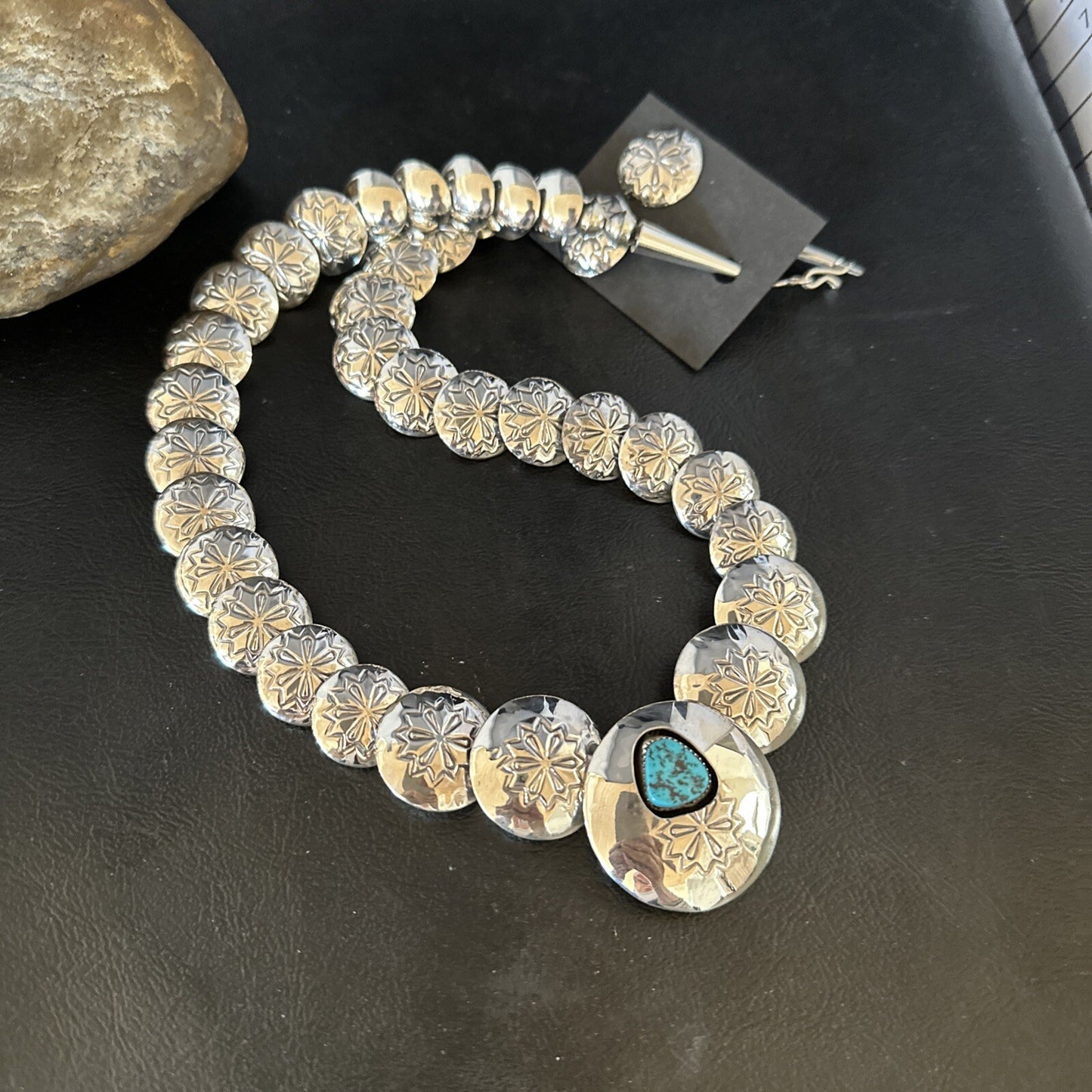 Turquoise Pillow Navajo Sterling Silver Bead Necklace 15082